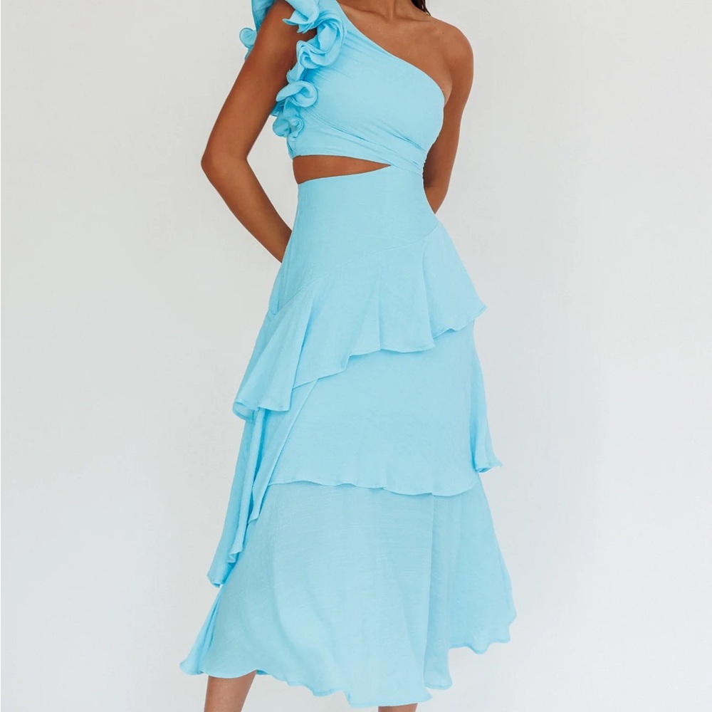 Selfie Leslie One-Shoulder Ruffled Dress in Light Blue